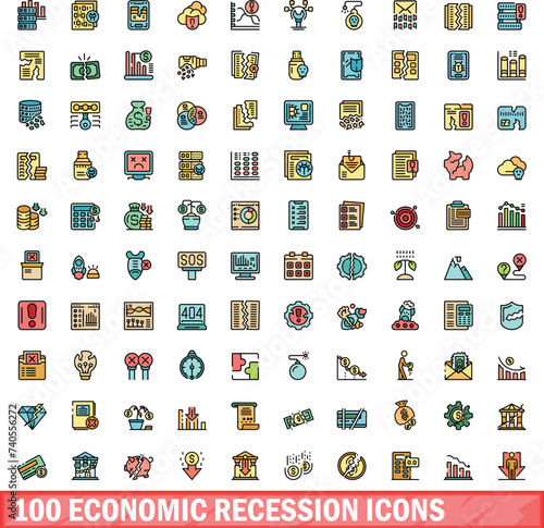 100 economic recession icons set. Color line set of economic recession vector icons thin line color flat on white