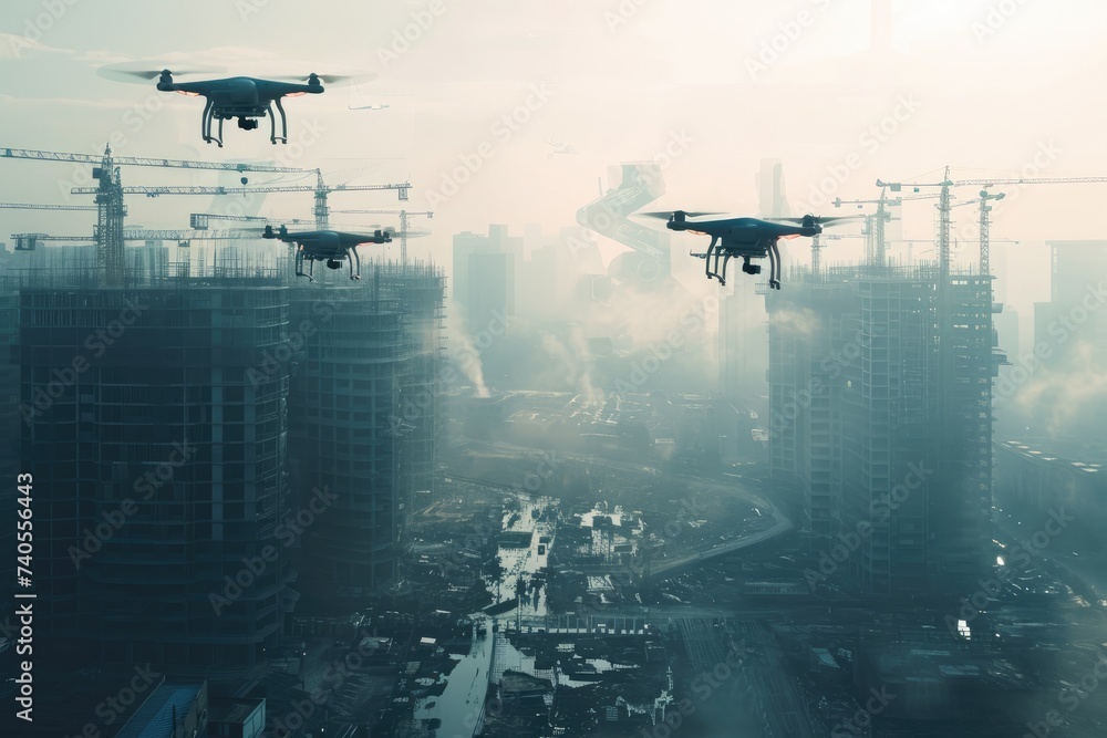 A group of large airplanes soar above the city, showcasing the hustle and bustle of urban life beneath, Double exposure of drones over a futuristic construction site, AI Generated A group of large airplanes soar above the city, showcasing the hustle and bustle of urban life beneath, Double exposure of drones over a futuristic construction site, AI Generated