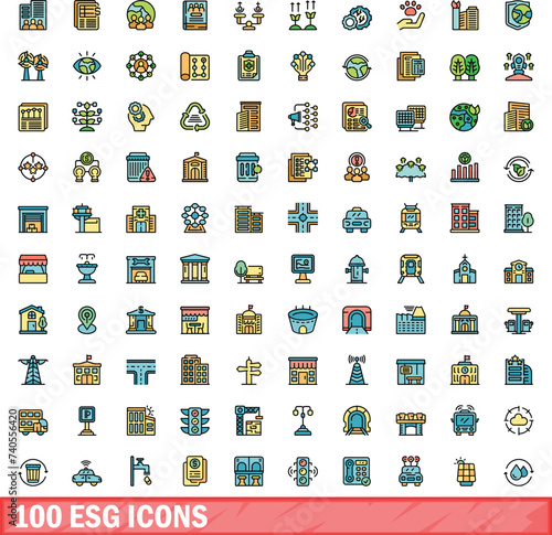 100 esg icons set. Color line set of esg vector icons thin line color flat on white