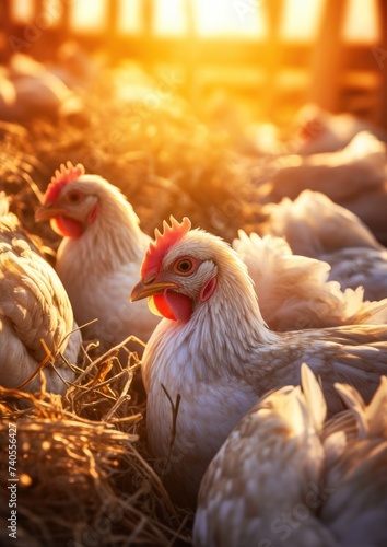 Healthy chicken animal on green farm during colorfu sunset, food protein healthy food.  Generative Ai. © annamaria