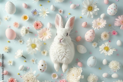 Happy Easter Eggs Basket easter dinner. Bunny hopping in flower rose sugar decoration. Adorable hare 3d Funny Card rabbit illustration. Holy week easter hunt easter affirmation card Forgiveness © Leo