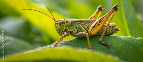 Macro close up of a colorful grasshopper perched on a vibrant green leaf in nature © TheWaterMeloonProjec