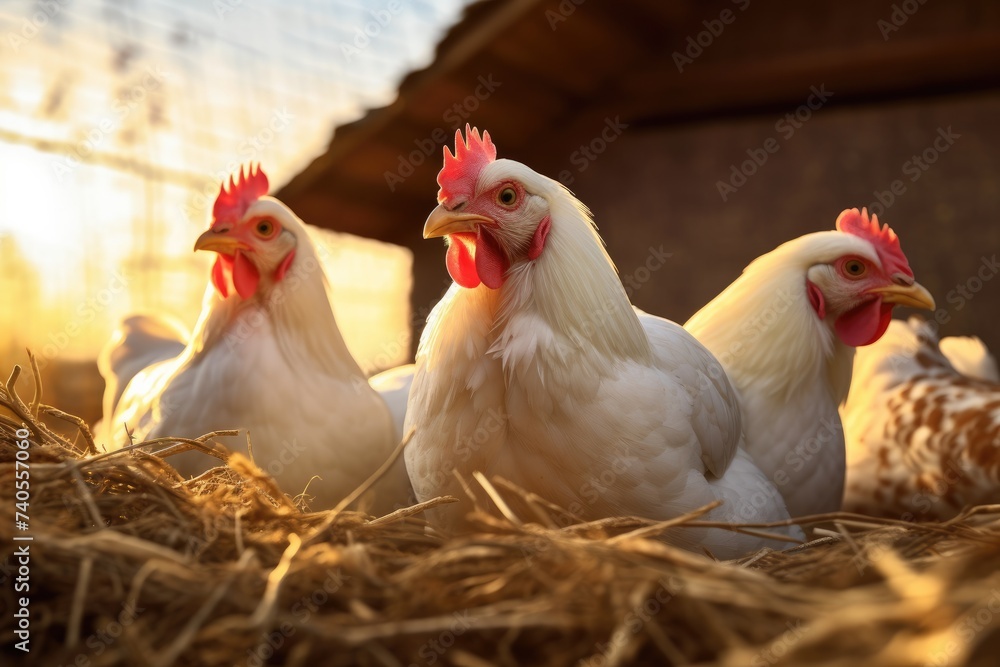 Fototapeta premium Healthy chicken animal on green farm during colorfu sunset, food protein healthy food. Generative Ai.