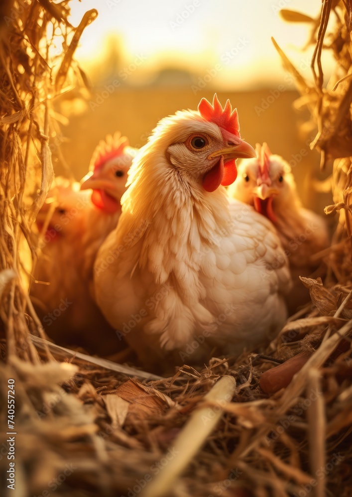 Healthy chicken animal on green farm during colorfu sunset, food protein healthy food. Generative Ai. Healthy chicken animal on green farm during colorfu sunset, food protein healthy food. Generative Ai.