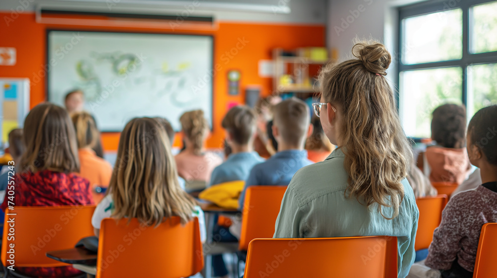Group of students studying in a classroom. Group of students and teacher in classroom during a lesson Group of students studying in a classroom. Group of students and teacher in classroom during a lesson