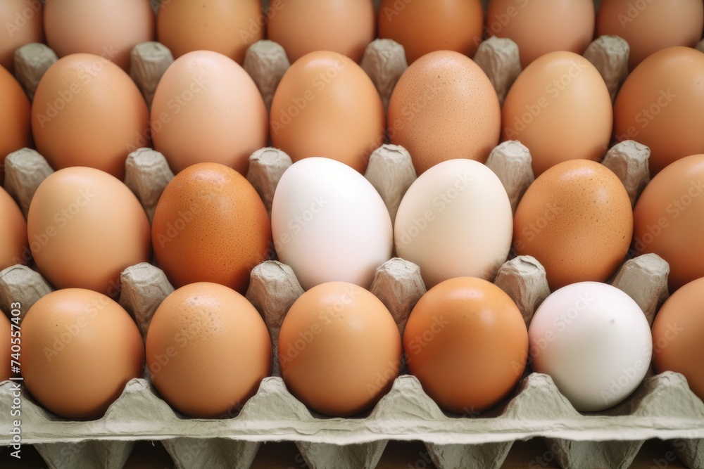 BIO fresh chicken eggs in paper box in supermarket, food protein healthy food. Generative Ai. BIO fresh chicken eggs in paper box in supermarket, food protein healthy food. Generative Ai.