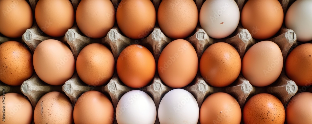 BIO fresh chicken eggs in paper box in supermarket, food protein healthy food banner. Generative Ai. BIO fresh chicken eggs in paper box in supermarket, food protein healthy food banner. Generative Ai.