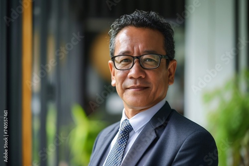 Homme d'affaires asiatique à lunettes dans les bureaux d'une entreprise » IA générative photo
