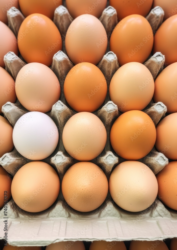 BIO fresh chicken eggs in paper box in supermarket, food protein healthy food. Generative Ai.