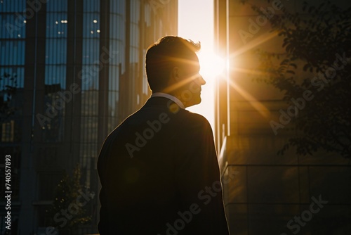 Vue de dos d'un homme d'affaires devant les immeubles au coucher du soleil » IA générative