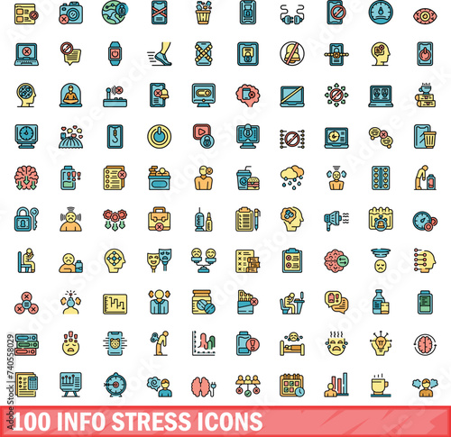 100 info stress icons set. Color line set of info stress vector icons thin line color flat on white