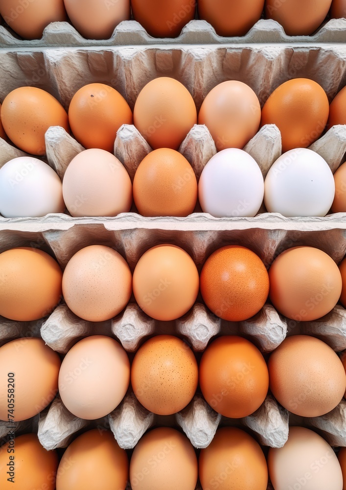 BIO fresh chicken eggs in paper box in supermarket, food protein healthy food. Generative Ai. BIO fresh chicken eggs in paper box in supermarket, food protein healthy food. Generative Ai.