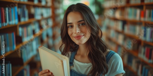 Portrait of a beautiful girl looking for a book in the library. Student in college library. Woman Choosing a book to buy in a bookstore. Education concept, library day, reading book day.