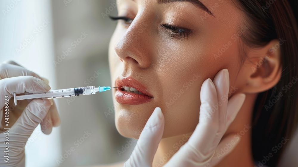 plastic surgery, beauty, Surgeon or beautician touching woman face, surgical procedure that involve altering shape of nose and face, doctor examines patient before rhinoplasty, medical assistance, AI