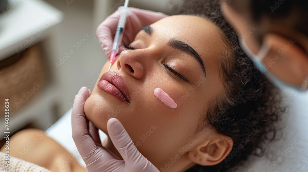 plastic surgery, beauty, Surgeon or beautician touching woman face, surgical procedure that involve altering shape of nose and face, doctor examines patient before rhinoplasty, medical assistance, AI