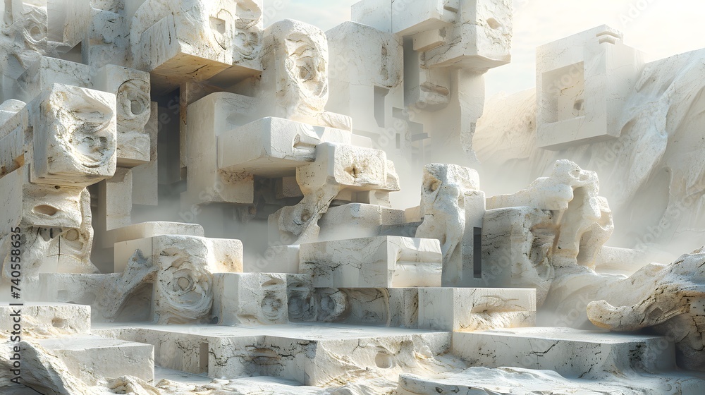 Enigmatic Stone Faces Amidst Surreal Mist: Ancient Majestic Sculptures