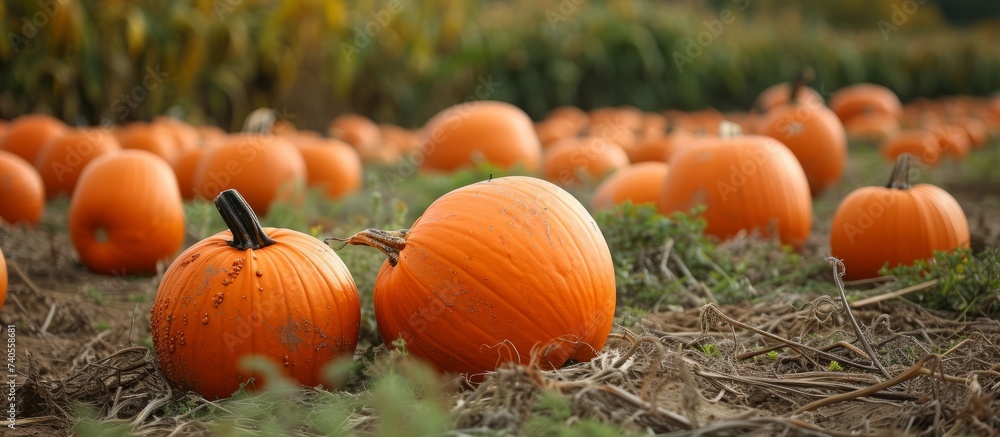 Vibrant field of ripe pumpkins in a rural farm during harvest season Vibrant field of ripe pumpkins in a rural farm during harvest season