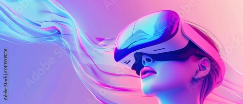 Concept of metaverse technology. Woman wearing VR virtual reality goggles. Futuristic lifestyle. photo