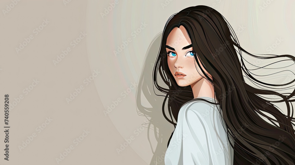 minimalist serious girl cartoon with long hair blue eyes,back space minimalist serious girl cartoon with long hair blue eyes,back space