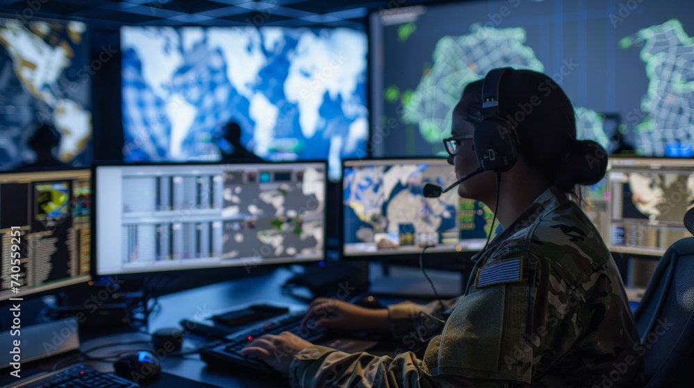 A focused individual in a crisp uniform sits at a personal computer, surrounded by electronics and wearing headphones, intently broadcasting their message to the world through the glowing computer mo