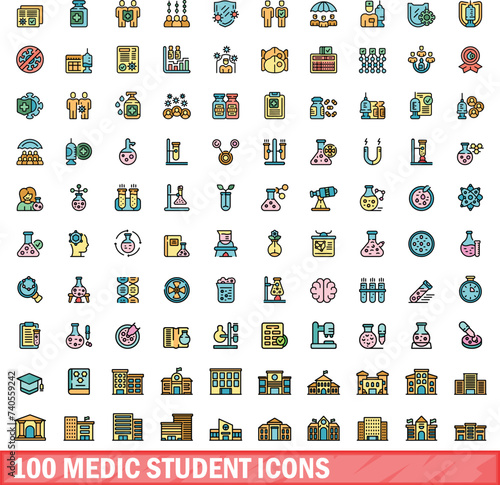 100 medic student icons set. Color line set of medic student vector icons thin line color flat on white