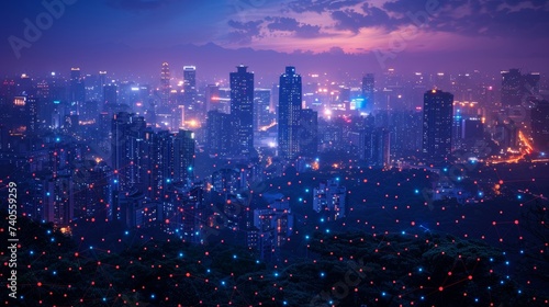The concept of a modern city with a wireless network connection and a cityscape. Wireless network and technology concept with a night time cityscape background.