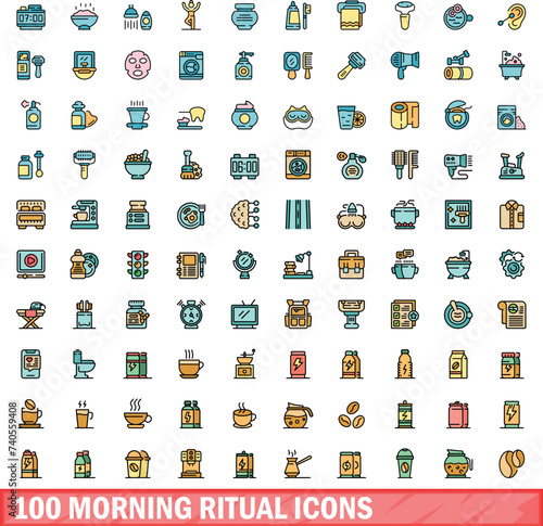 100 morning ritual icons set. Color line set of morning ritual vector icons thin line color flat on white