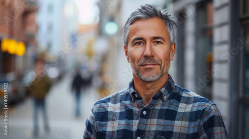A mature man with gray hair and a short beard, wearing a casual checked shirt, confidently stands on a city street with soft focus urban background. photo