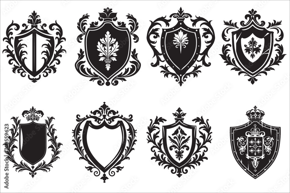 Heraldic shield, Vintage shield with various elements on a white background