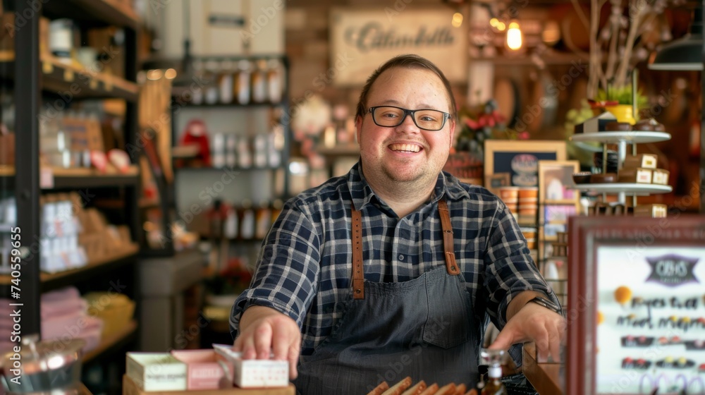 A cheerful shopkeeper greets his customer with a warm smile as he stands among the neatly arranged shelves of food, donning a pair of stylish glasses and a casual yet professional attire A cheerful shopkeeper greets his customer with a warm smile as he stands among the neatly arranged shelves of food, donning a pair of stylish glasses and a casual yet professional attire