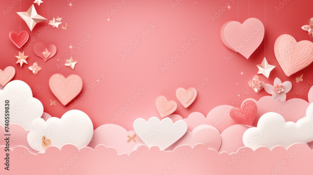 Pink background with paper hearts and stars, perfect for Valentine's Day decorations