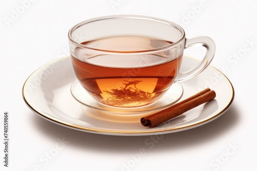 A cup of tea with a cinnamon stick on a saucer. Perfect for tea lovers