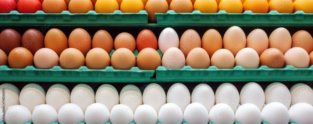 BIO fresh chicken eggs in paper box in supermarket, food protein healthy food banner. Generative Ai. BIO fresh chicken eggs in paper box in supermarket, food protein healthy food banner. Generative Ai.