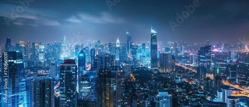 The cityscape skyline in this panorama aerial image is dotted with smart services, icons, Internet of Things, augmented reality, and night scenes.