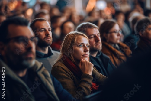 A group of people sitting in front of a crowd. Suitable for business presentations