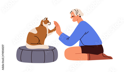 Cat giving high five, paw to person. Smart feline, trained kitty pet greeting...