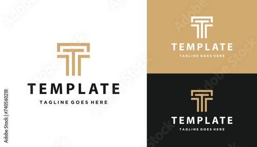 Golden Initial Letter T with Greek Roman Column Pillar For Building Construction Architecture Logo Design