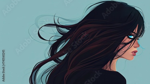 minimalist serious girl cartoon with long hair blue eyes,back space