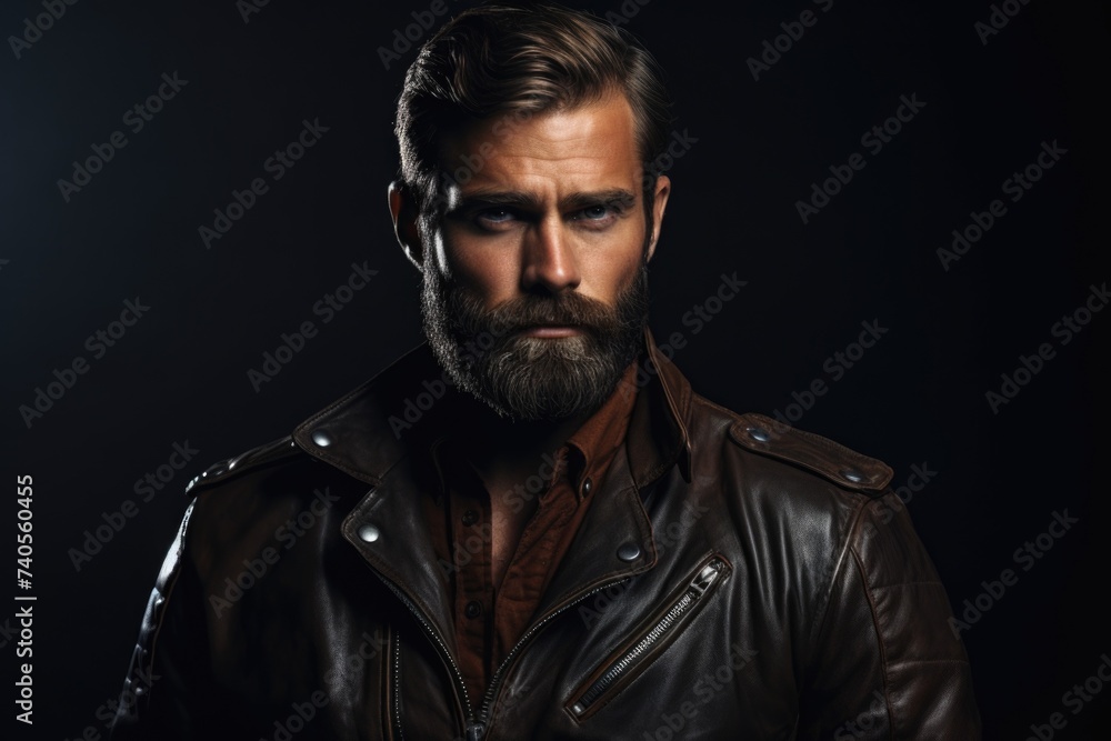 A man with a beard wearing a leather jacket. Suitable for fashion and lifestyle themes A man with a beard wearing a leather jacket. Suitable for fashion and lifestyle themes