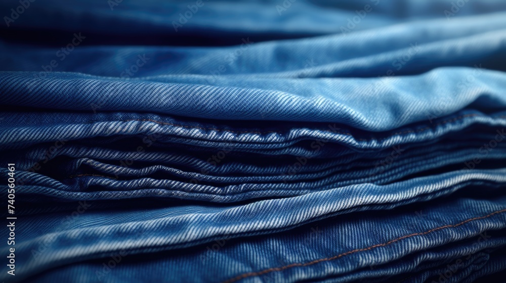 Stack of folded blue jeans on a table, suitable for fashion or clothing concepts Stack of folded blue jeans on a table, suitable for fashion or clothing concepts