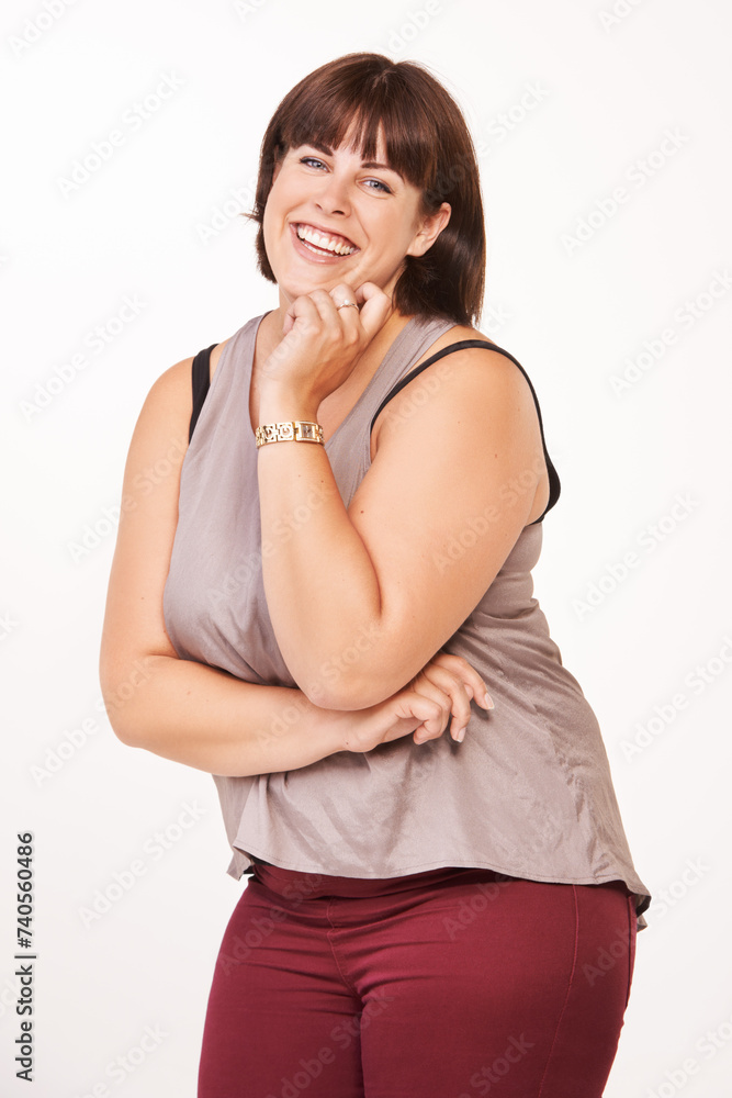Portrait, smile and fashion with plus size woman in studio isolated on white background for style. Comedy, funny and laughing with happy young model in trendy or casual clothing outfit for humor Portrait, smile and fashion with plus size woman in studio isolated on white background for style. Comedy, funny and laughing with happy young model in trendy or casual clothing outfit for humor