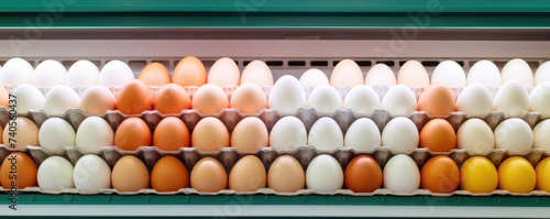 BIO fresh chicken eggs in paper box in supermarket, food protein healthy food banner. Generative Ai. © annamaria