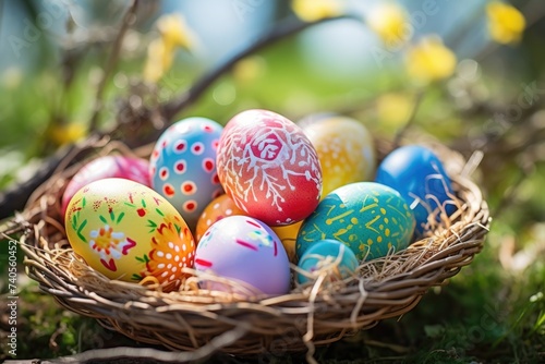 A basket filled with colorful painted eggs, perfect for Easter decorations