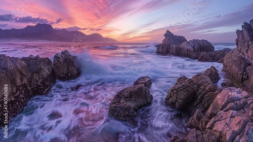 Nature's beauty comes alive as the fiery sunrise illuminates the rocky beach, where the crashing waves and changing tides meet the endless expanse of the ocean photo