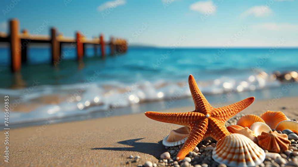 Beautiful beach with starfish and shells Beautiful beach with starfish and shells
