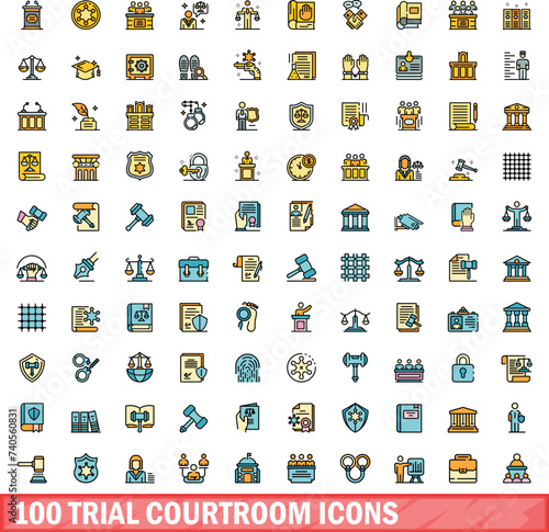 100 trial courtroom icons set. Color line set of trial courtroom vector icons thin line color flat on white
