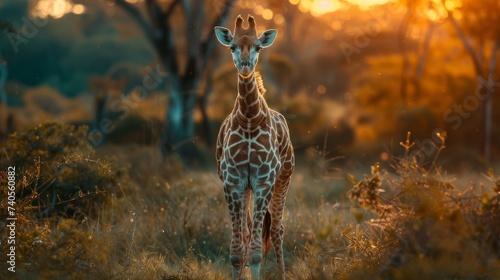 Fototapeta A majestic giraffe gracefully stands amidst the vibrant green grass, basking in the warm glow of the sunrise in its natural habitat, embodying the true essence of a wild and free terrestrial mammal