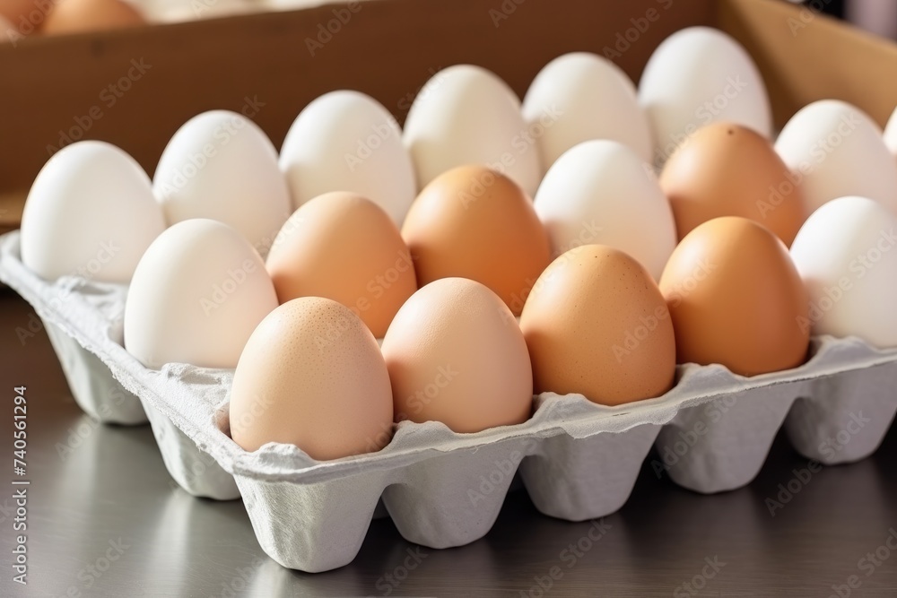 BIO fresh chicken eggs in paper box in supermarket, food protein healthy food. Generative Ai. BIO fresh chicken eggs in paper box in supermarket, food protein healthy food. Generative Ai.