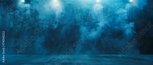 An abstract technology background, with an empty dark blue cement floor, a smokey studio room, spotlights, laser light, and a digital future technology concept.