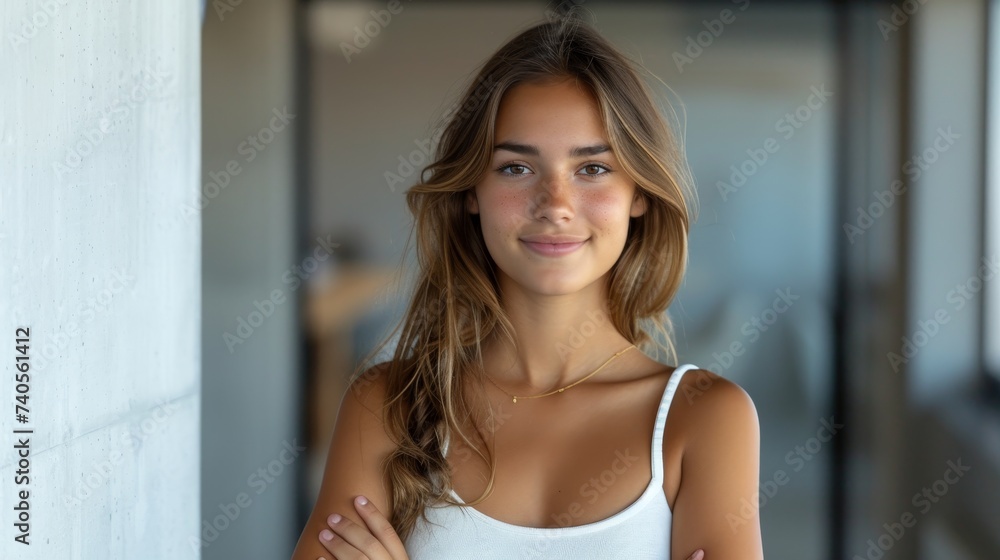 This is a portrait of a young, happy Hispanic woman with crossed arms against a grey wall with copy space. We see a beautiful girl with folded arms looking at the camera while facing the grey wall.